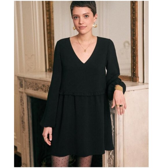 Sezane Penelope Dress black Size 34 / US 2 v-neck long sleeve mini 4 XS S - Picture 2 of 14